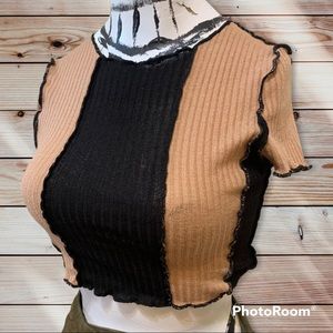 🖤SHEIN xs colorblock crop top lettuce edge black brown seam bundle deal nwot